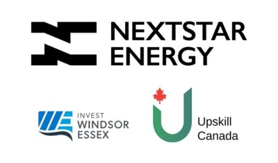 The logos of NextStar Energy (top), Invest WindsorEssex (left), and Upskill Canada (right)