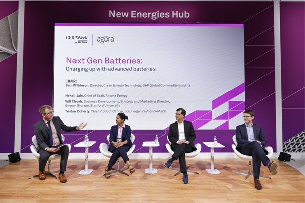 Panelists in the session ‘Next Gen Batteries: Charging up with Advanced Batteries’ from left to right: Sam Wilkinson, Nehali Jain, Will Chueh, and Tristan Doherty (Chief Product Officer, LG Energy Solution Vertech) (Source: CERAWeek Photo Gallery)