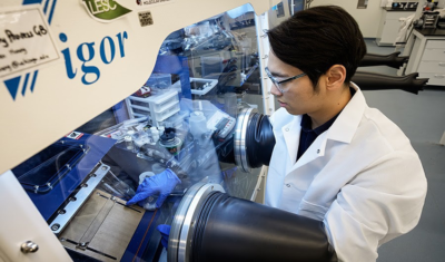 A researcher conducts all-solid-state battery research at LG Energy Solution’s Frontier Research Laboratory (FRL)