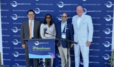 Bob Lee , LG Energy Solution North America president Joi Harris, president and chief executive officer, DTE Energy Sandy Baruah, Detroit Regional Chamber President Trevor Lauer, DTE Vice Chairman